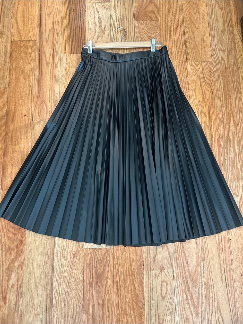 Classic Faux Leather Black Pleated Midi Skirt - Women